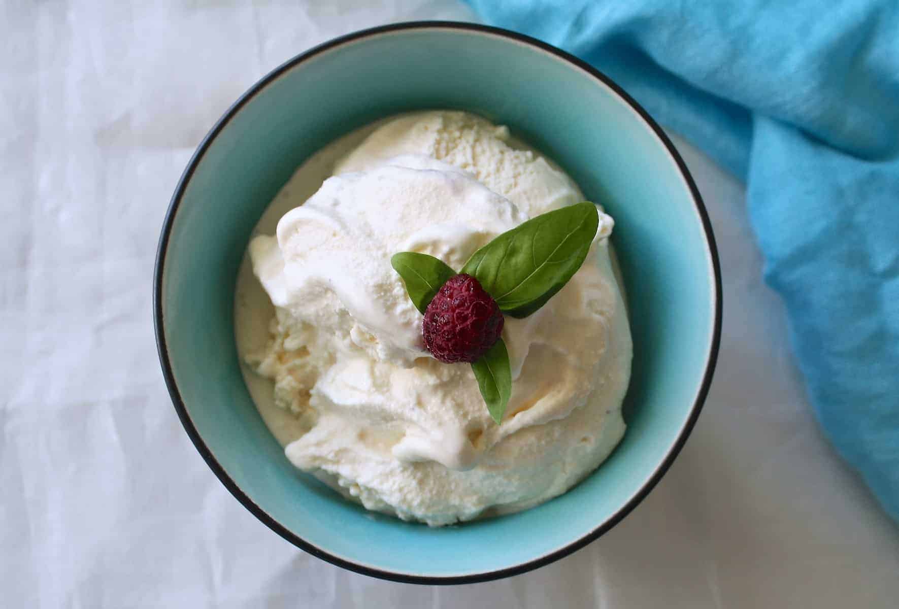Vanilla Ice Cream in a Bowl Garnished with Raspberry & Mint
