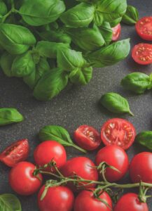 container gardening - tomatoes and basil on counter