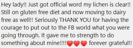 Michelle put lichen sclerosus into remission Facebook testimonial.