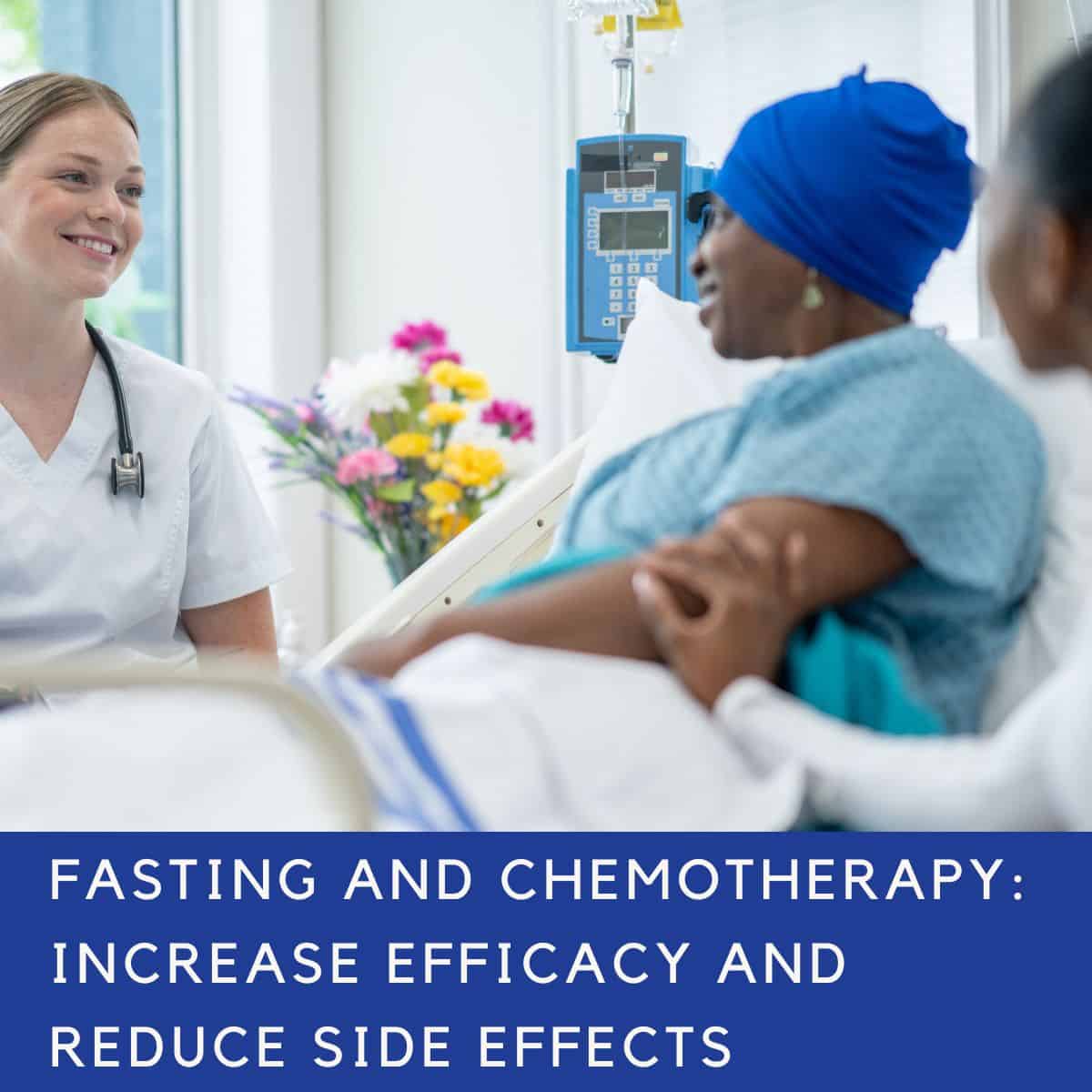 Woman recieving chemotherapy in hospital bed with doctor and family at bed side.